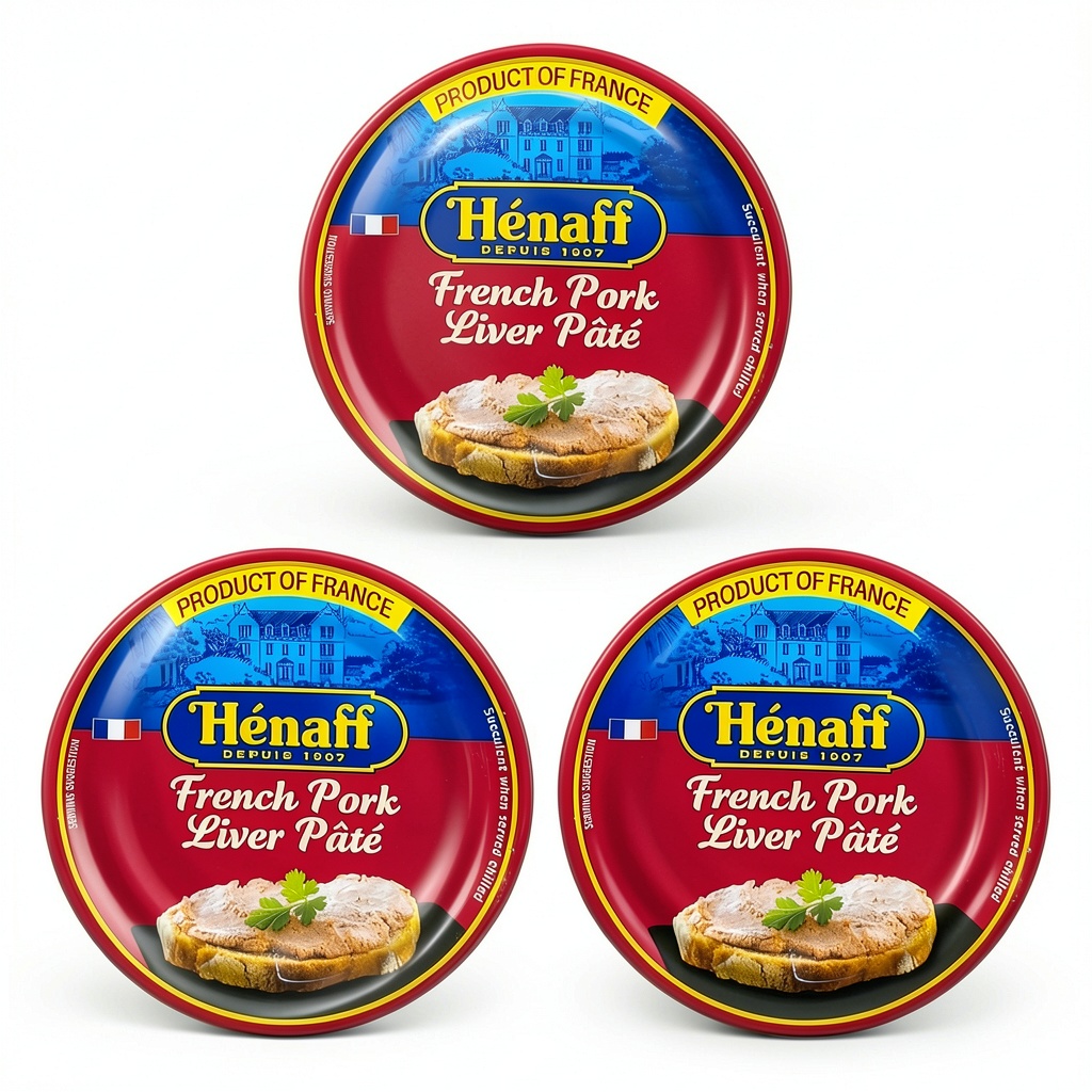 Henaff French pork liver pâté displayed on a rustic charcuterie board with crackers and herbs