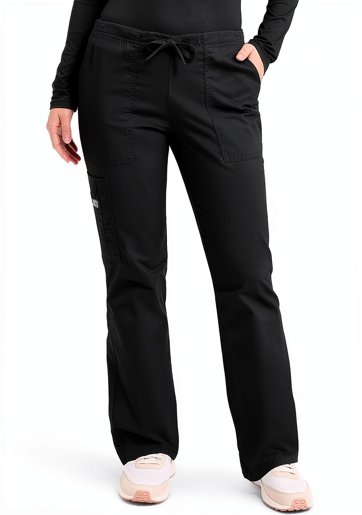 Installing Cherokee Scrubs Women's Medical Scrub Pants 4044X Mid‑Rise Flare Leg on a wooden desk
